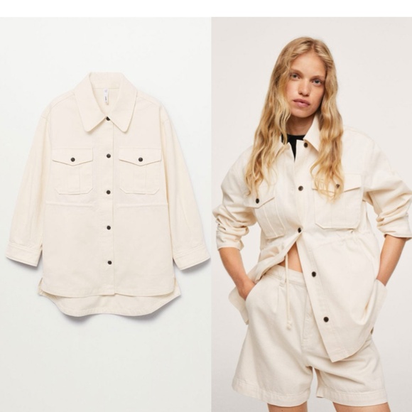 Mango Chest Pocket Cotton Overshirt Pocket Jacket Ecru XS M XL NWT - Picture 1 of 13